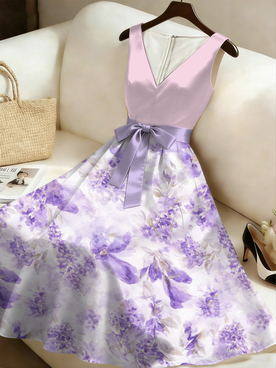 Retro Style Floral Art Print V-Neck Sleeveless Cotton Maxi Dress